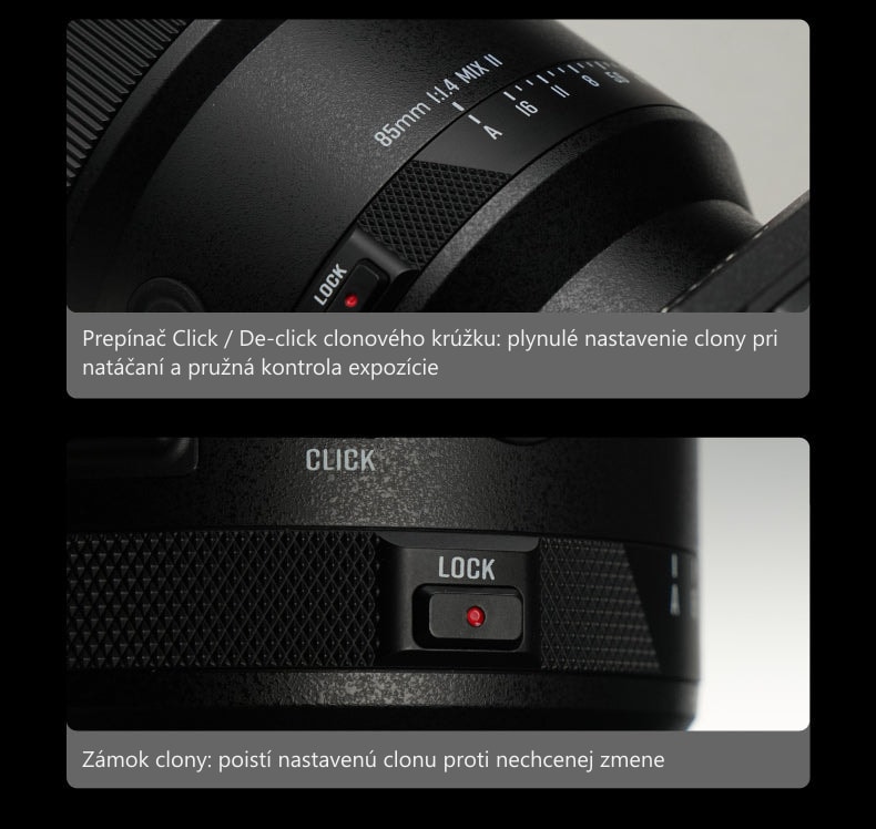 Meike 85mm F1.4 STM MIX II FE – Ovládacie prvky na tele objektívu
