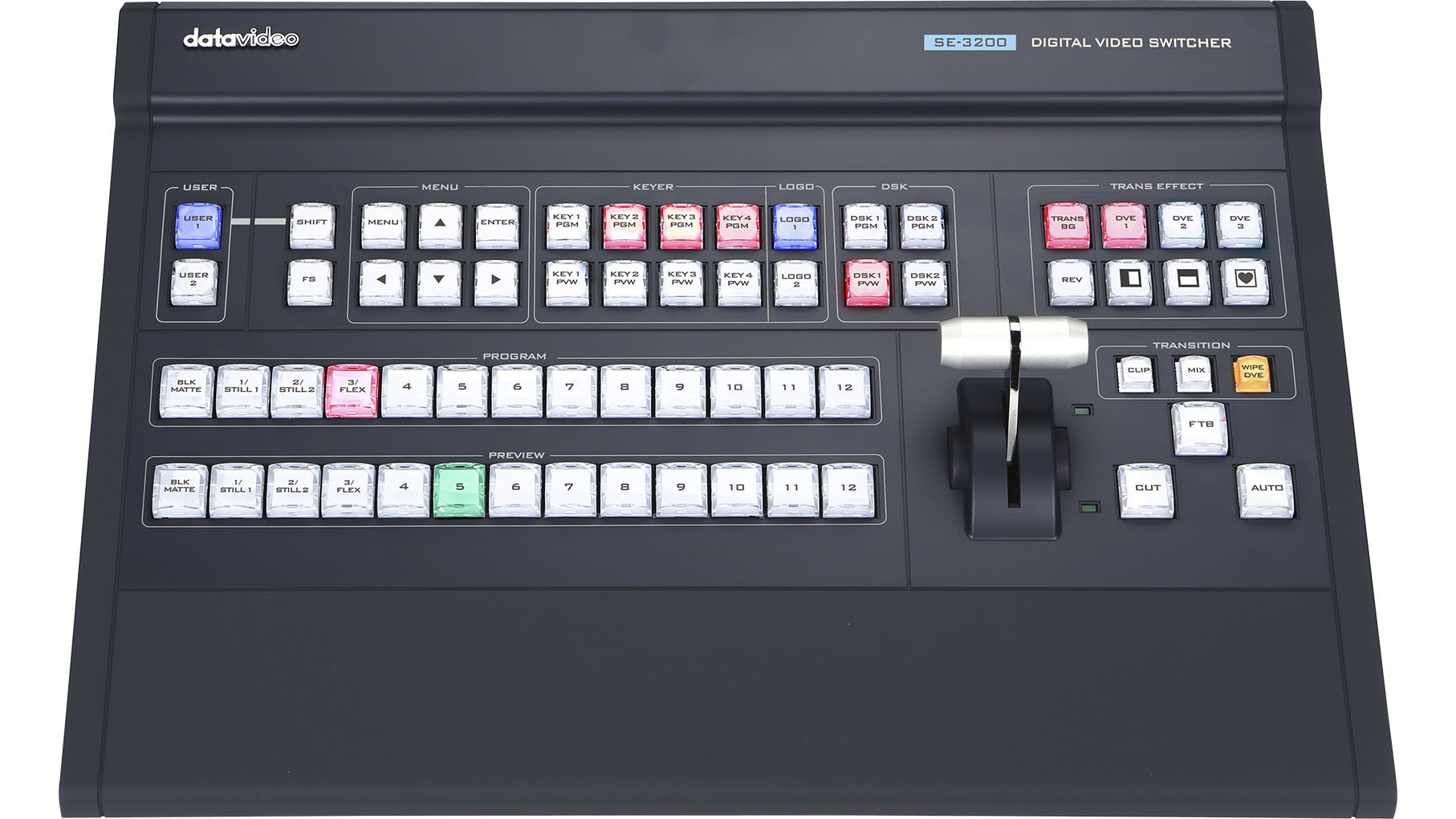 Ovládací panel Datavideo SE-3200 s programovými tlačítky, keyery a pákou T-bar