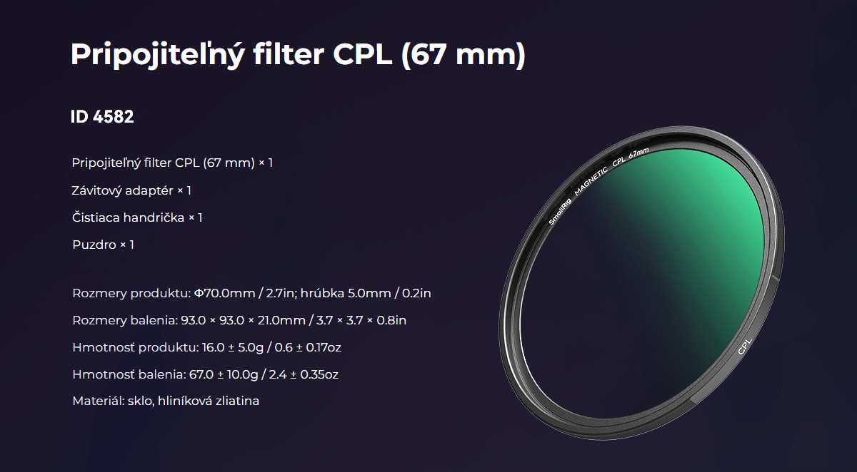 SmallRig 4727 Attachable CPL Filter with M-mount Filter Adapter 67mm