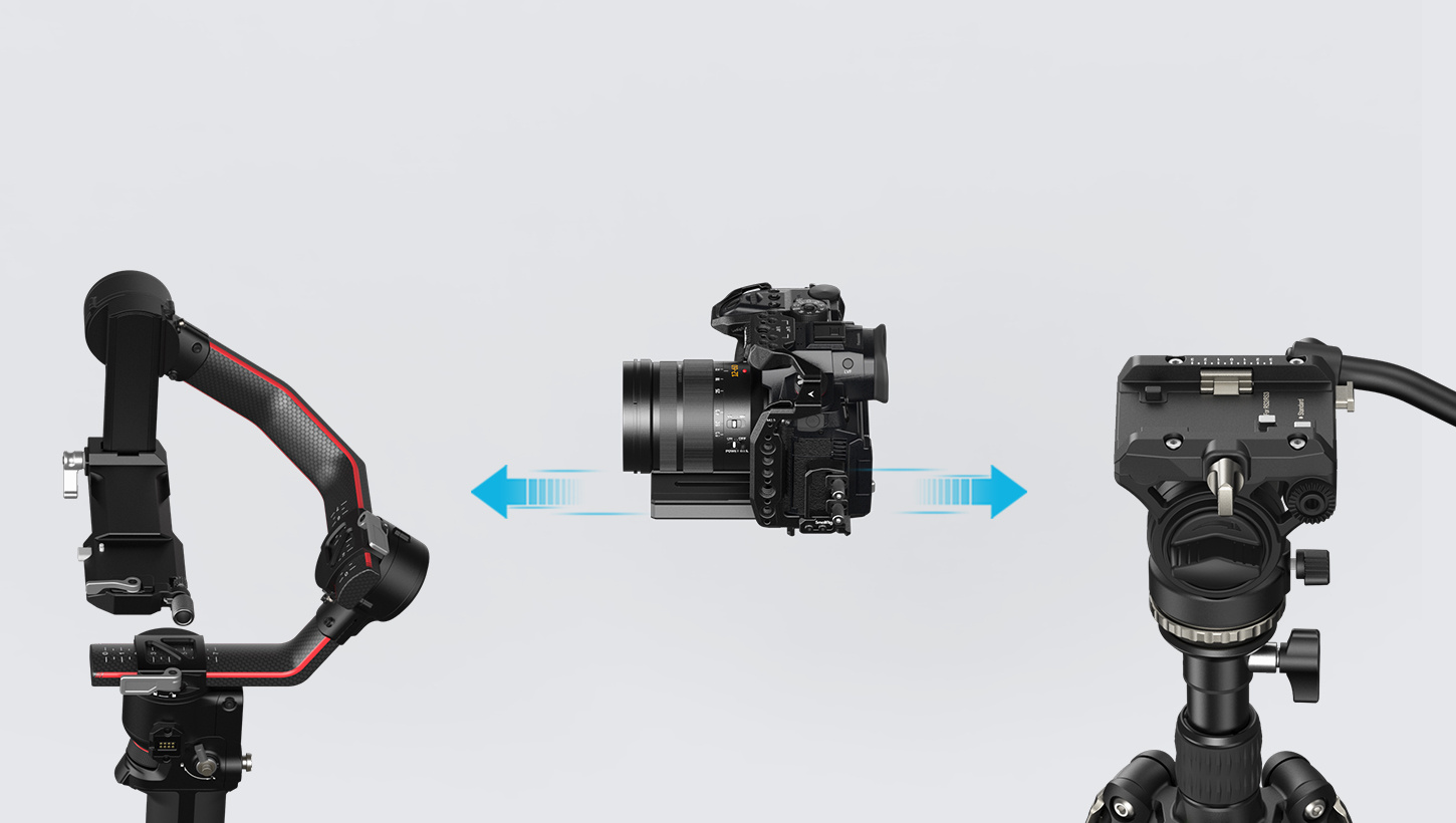 Prijíma rýchloupínacie doštičky DJI RS 2 / RS 3 / RS 3 Pro aj Manfrotto, takže prepneš medzi stabilizátorom a statívom bez prestavovania