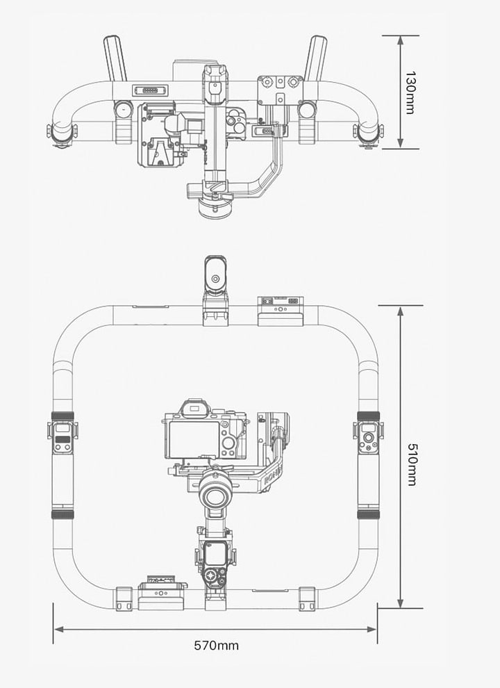 Kótovaný nákres krúžkového gripu Tilta Advanced Ring Grip: 570 × 510 × 130 mm