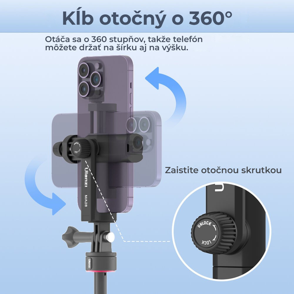 Ulanzi MA28 – Otočení o 360° a náklon až 90°