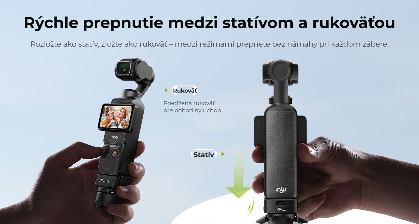 Ulanzi Pocket 3 Mini Tripod Kit PK-08 + PK-11 – Přepínání mezi stativem a rukojetí