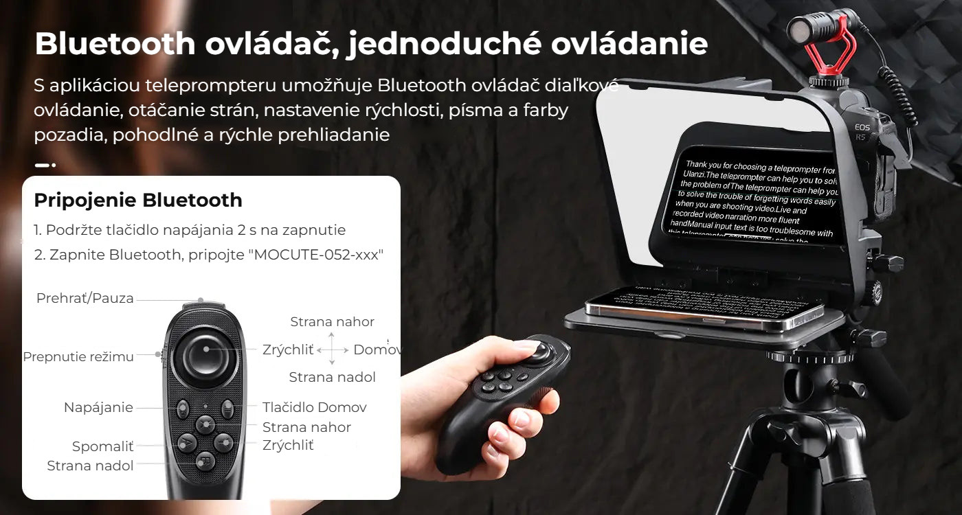 Ulanzi RT02 teleprompter pro tablety a smartphony – Bluetooth ovladač bez dotyku displeje
