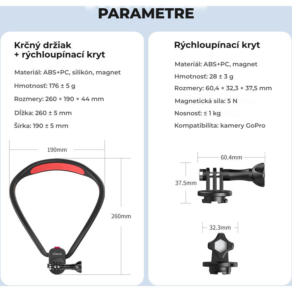 Ulanzi Go-Quick II krční držák pro akční kameru – Rozměry a parametry