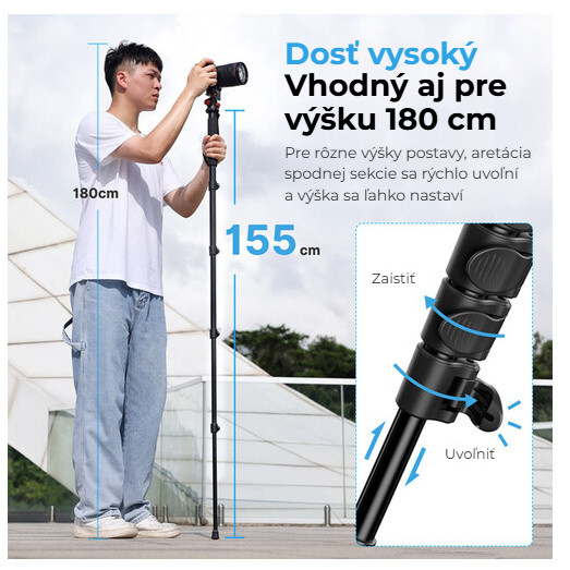 Ulanzi TB12 hliníkový monopod – Dost vysoký i pro výšku 180 cm