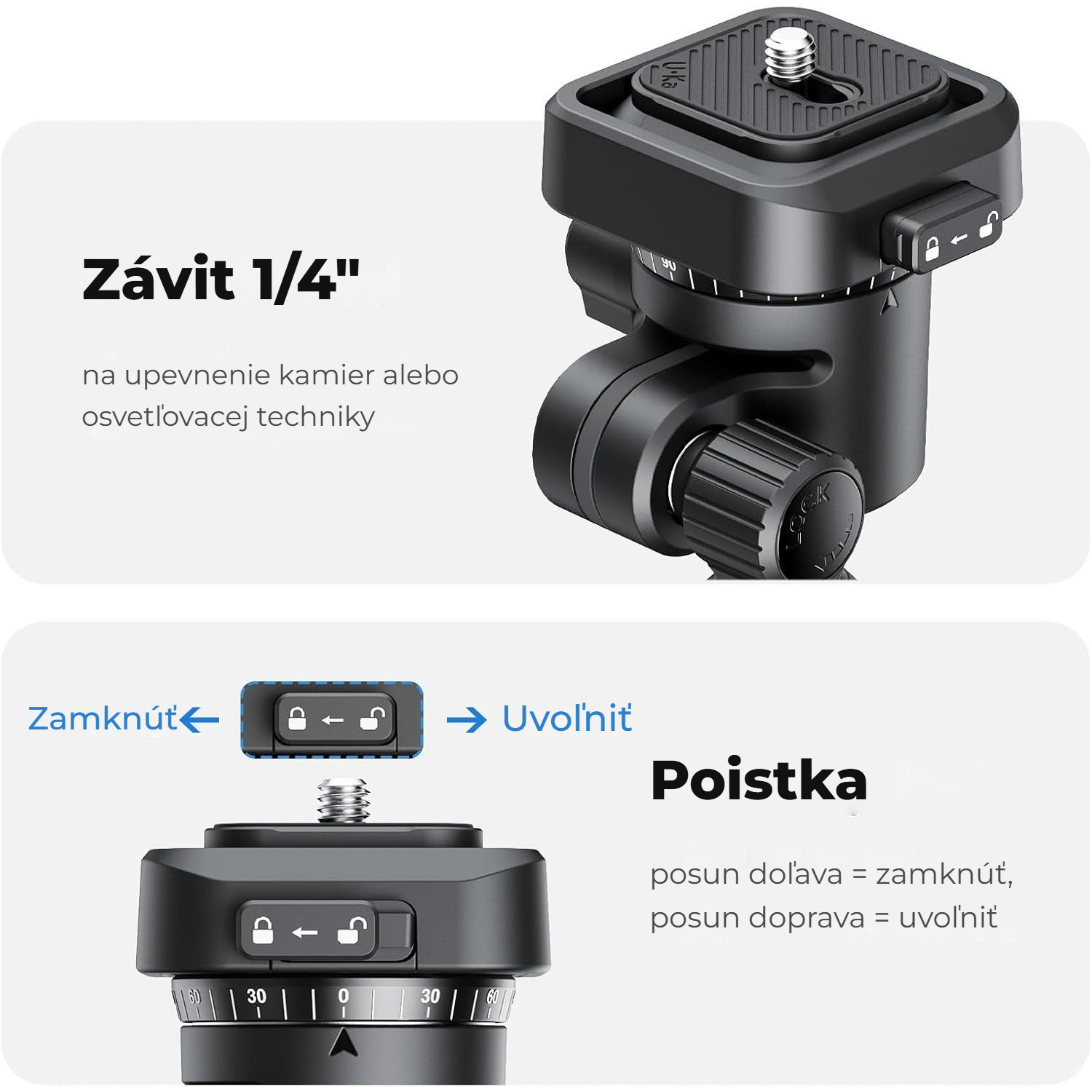Ulanzi TH02 Uka obrácená kulová hlava – Posuvná pojistka a závit 1/4″
