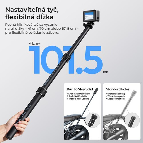 Ulanzi VL03 neviditelná selfie tyč na motorku – Tyč se třemi délkami