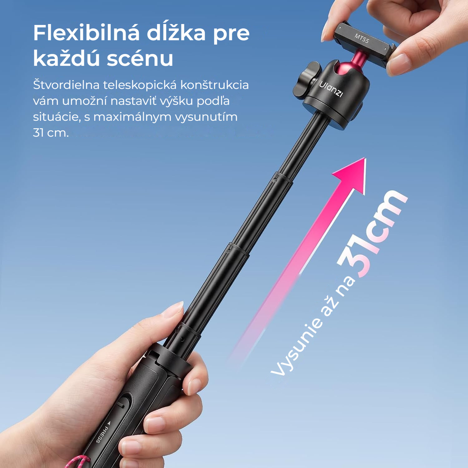 Ulanzi MT55 SnapGo ministativ a selfie tyč – Čtyřdílná teleskopická tyč