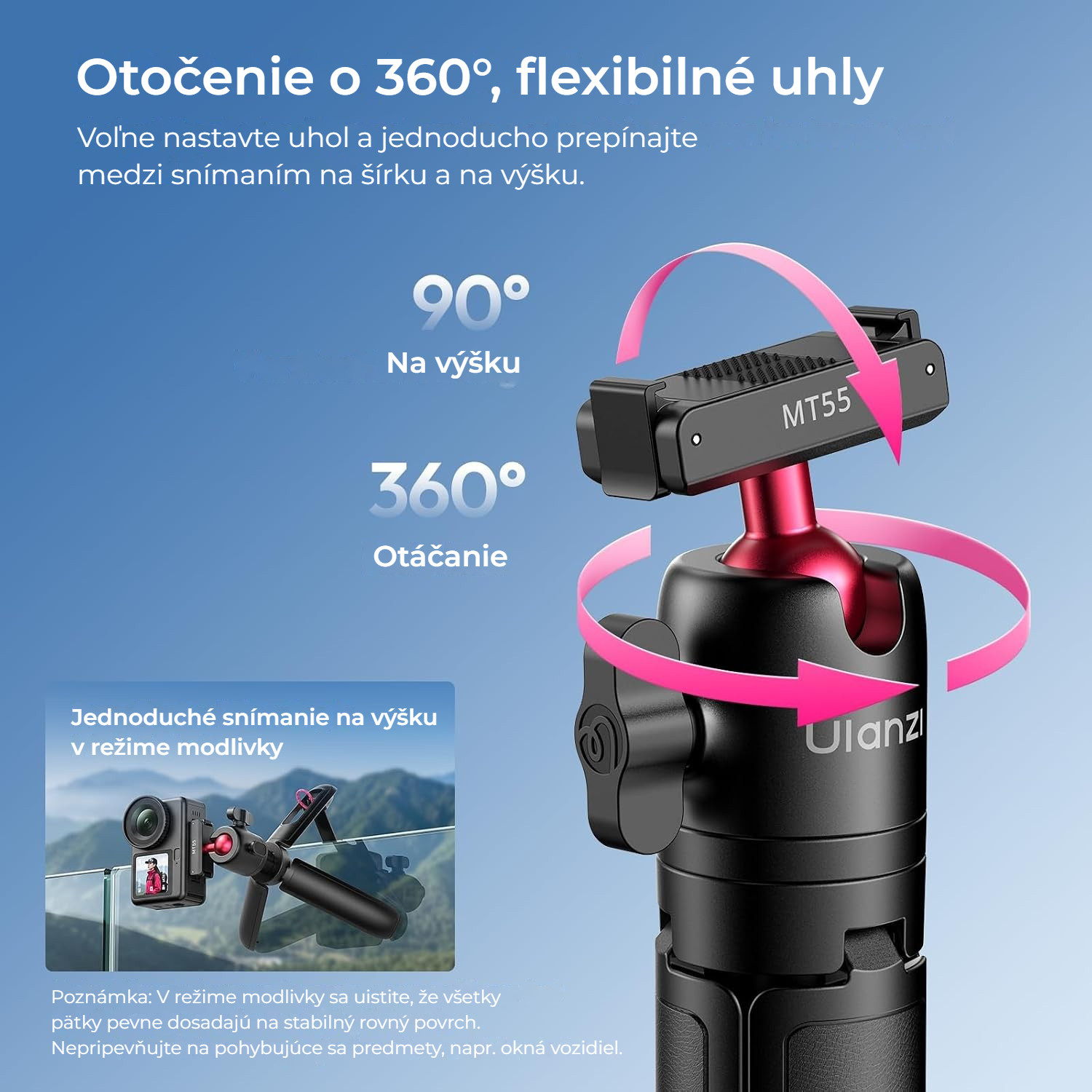 Ulanzi MT55 SnapGo ministativ a selfie tyč – Kulová hlava: 360° a 90°