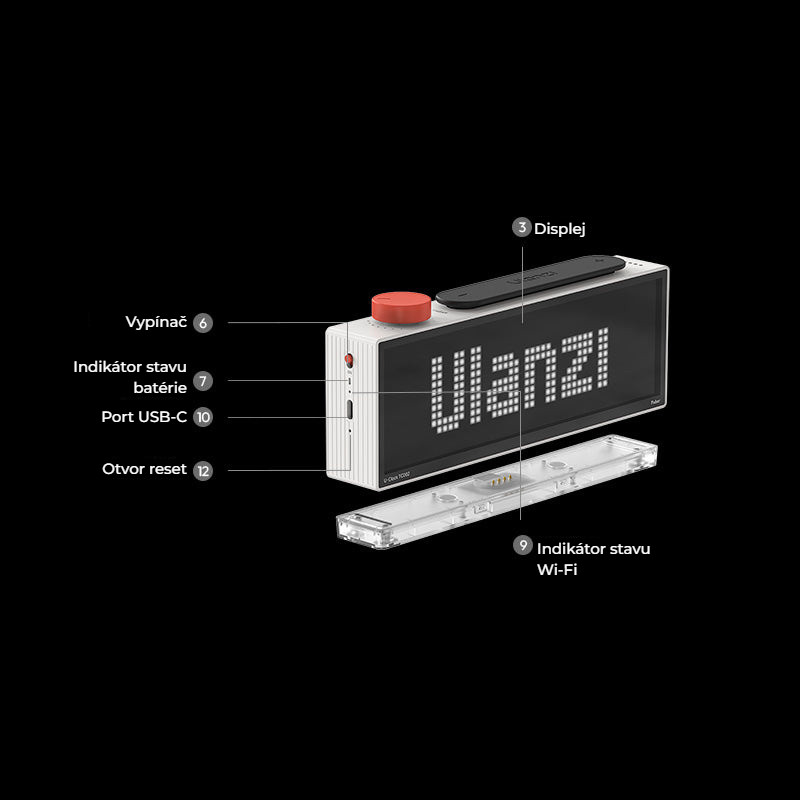 Ulanzi TC002 Pixbar Smart Pixel Clock II – Porty a ovládací prvky