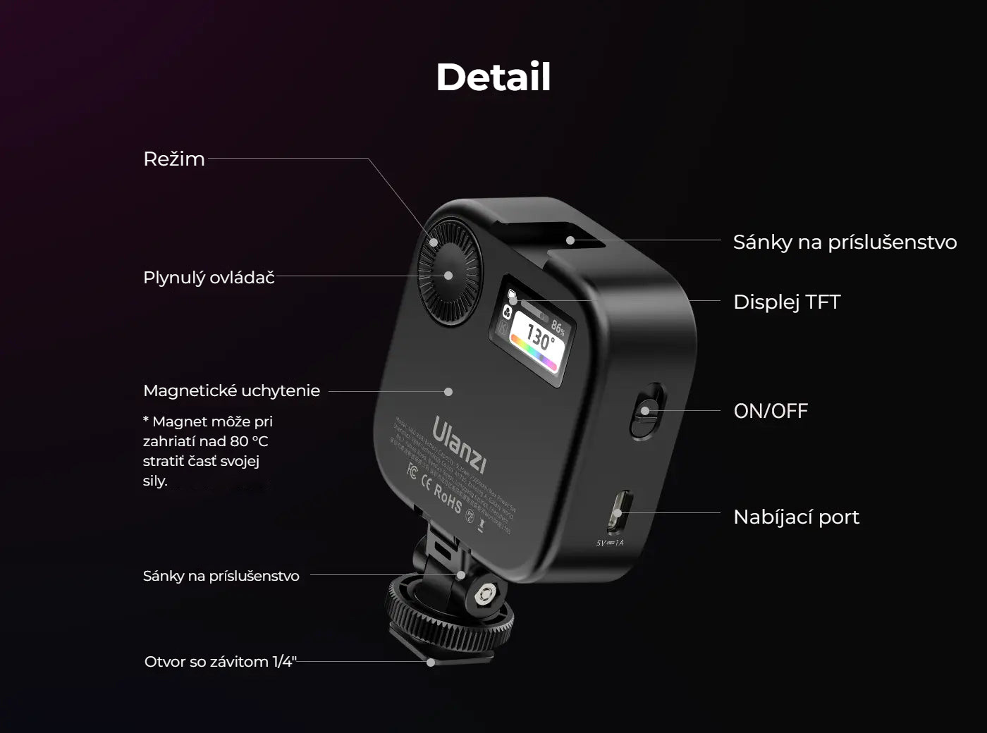 Ulanzi U60 RGB Pocket Light – Přehled ovládání a připojení