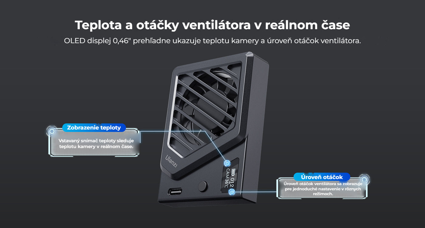 Ulanzi Camera Cooling Fan V3 stříbrný – Teplota a otáčky na displeji