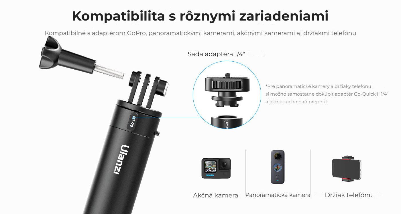 Ulanzi MT-76 Go-Quick II selfie tyč 1,5 m – Kompatibilní s kamerami i telefony