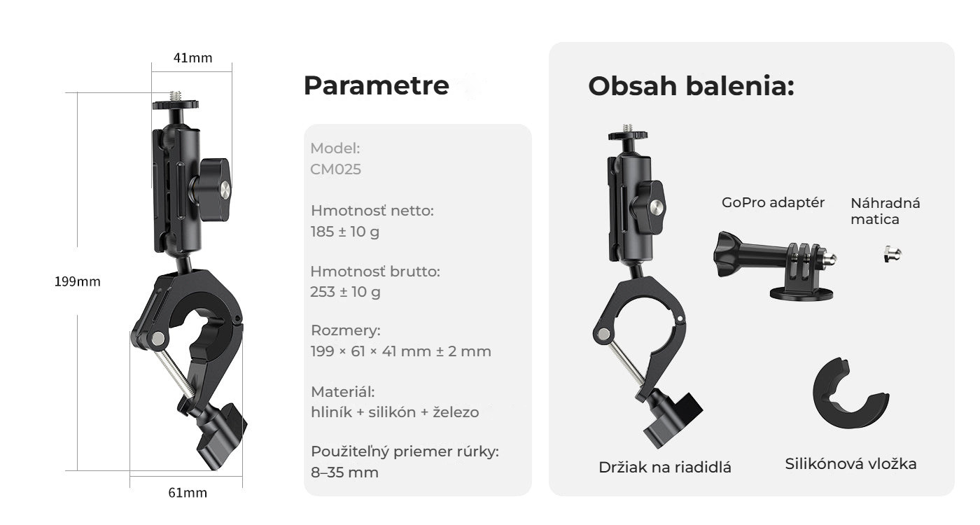 Ulanzi CM025 držák na řídítka pro akční kamery – Parametry a obsah balení