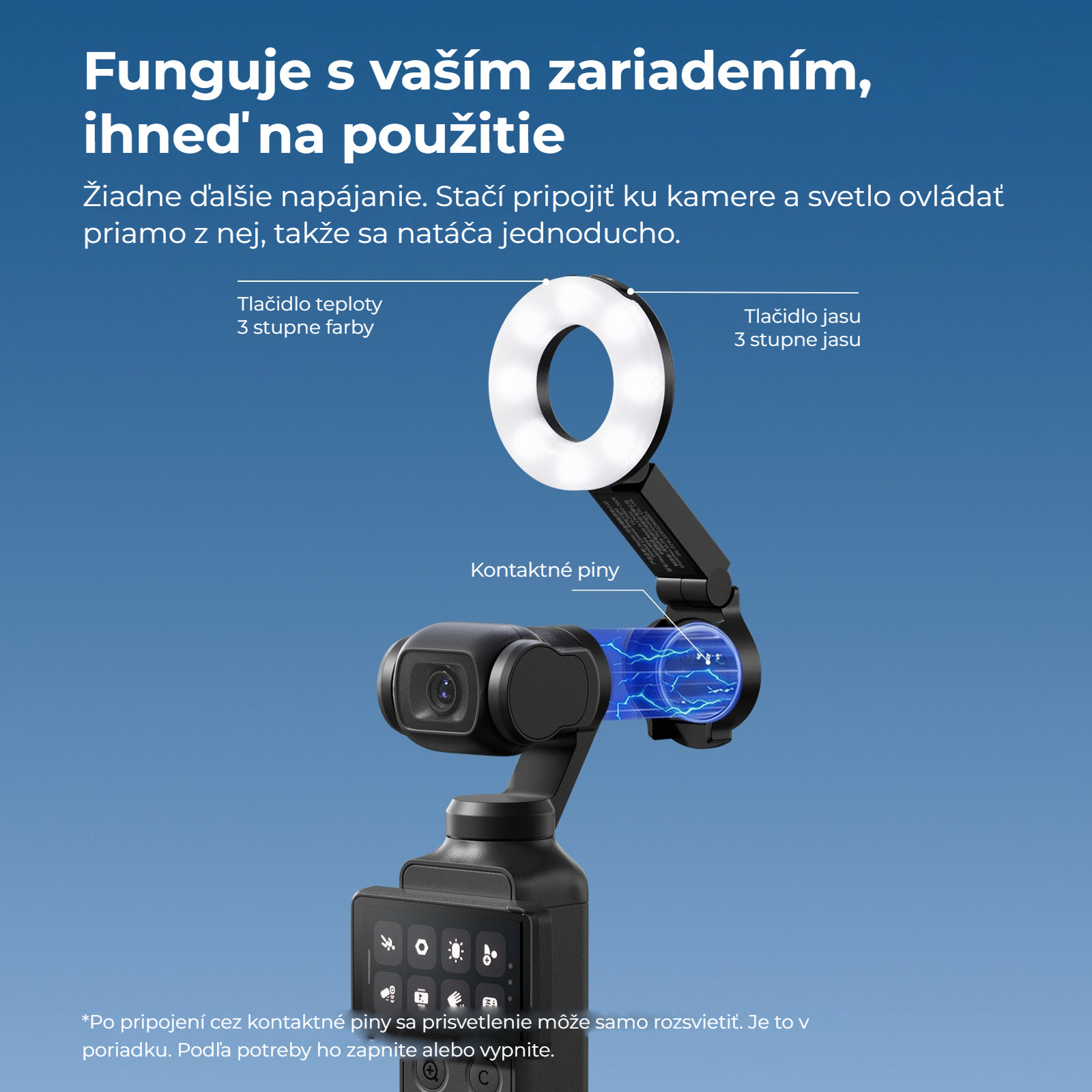 Ulanzi LM004 kruhové přisvětlení pro DJI Osmo Pocket 4 – Napájení a ovládání z kamery