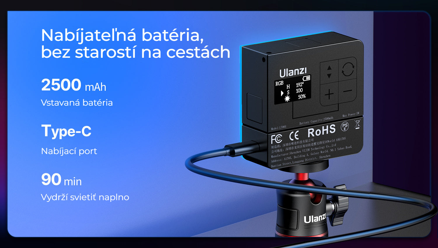 Ulanzi VL49 Pro RGB – Baterie 2500 mAh a USB-C