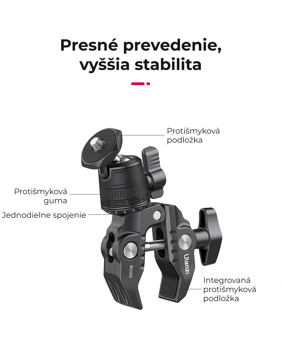 Ulanzi R099 svorka s mini kulovou hlavou – Přesné provedení, vyšší stabilita