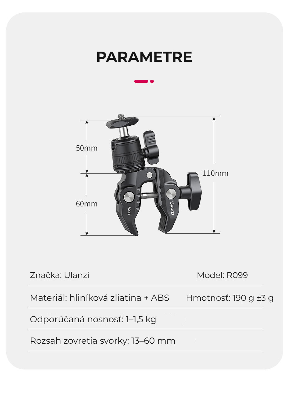 Ulanzi R099 svorka s mini kulovou hlavou – Parametry