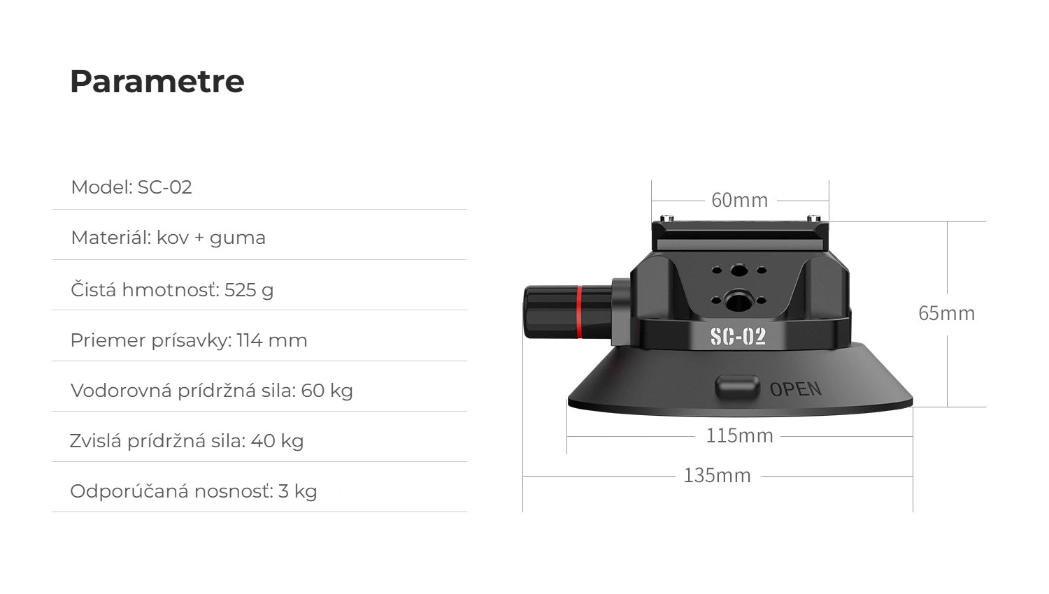 Ulanzi SC-02 vakuová přísavka 114 mm – Parametry