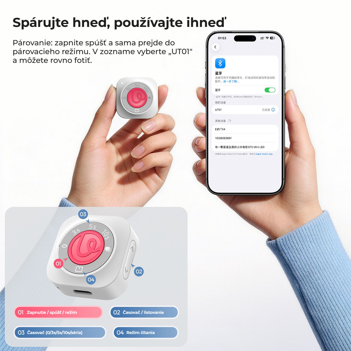 Ulanzi UT01 bluetooth dálková spoušť a scroller, bílá – Spárování bez aplikace